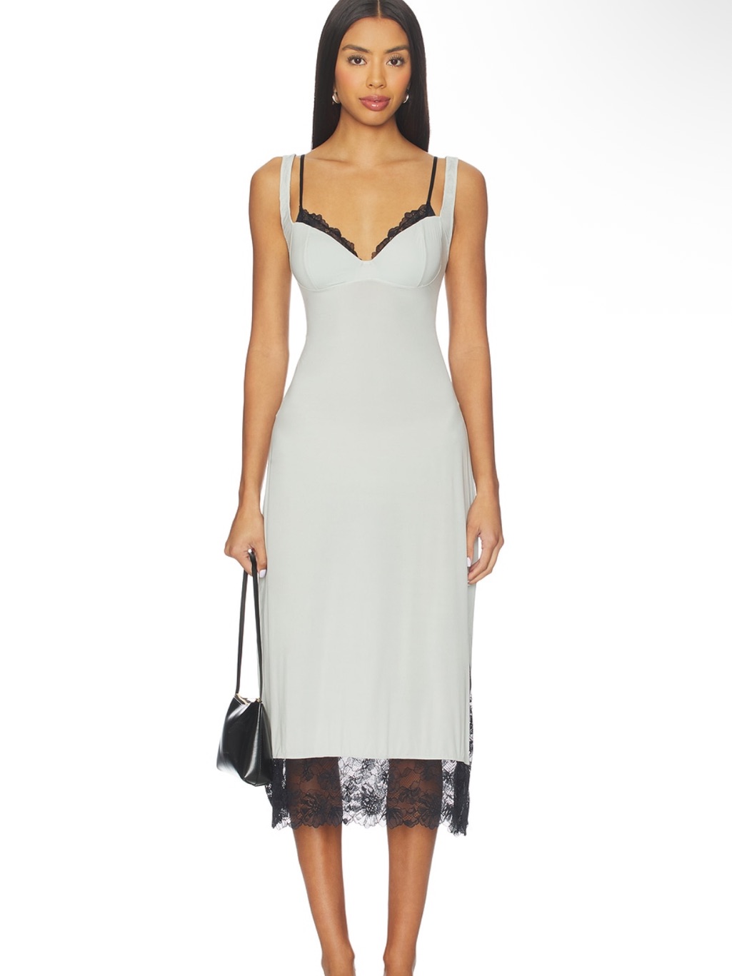 Free People Light Gray Slip Dress With Black Lace Trim